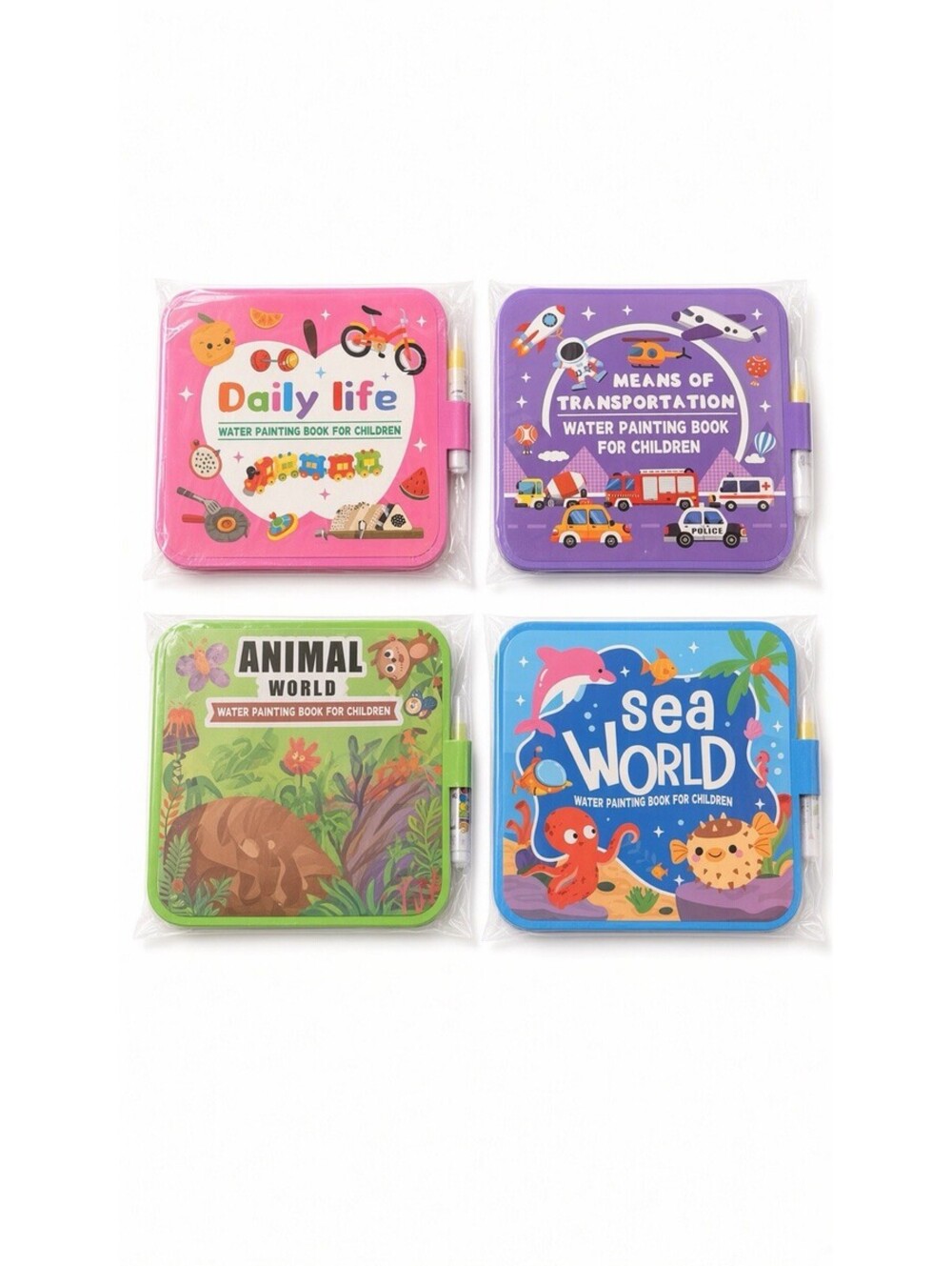 4 Pack Kids Water Painting Books Reusable Magic Coloring Activity Books w/Pens